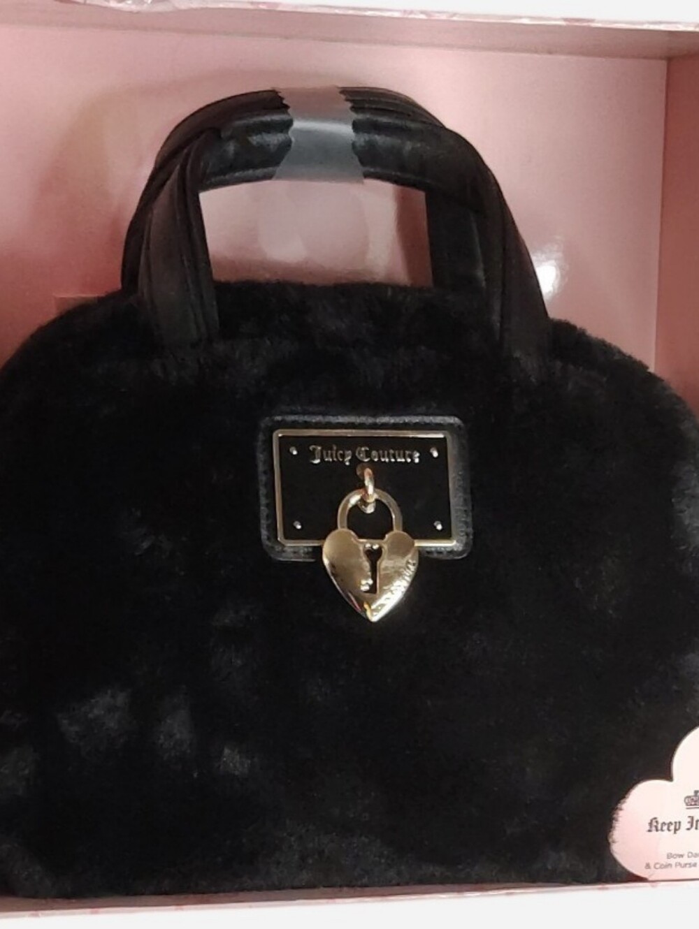 Juicy Couture Black Faux Fur Satchel Bag with Heart Lock - Picture 3 of 3